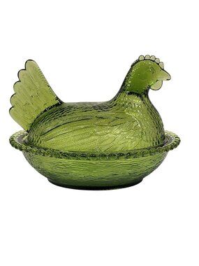 Indiana Glass Nesting Hen 7'' Olive Green 2 pc Chicken Dish Vintage Avocado 1960